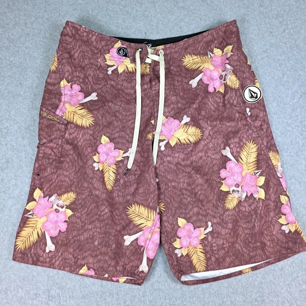 Volcom Men's 32 Boardshorts Brown Skull Floral Tropical Swim Trunks Surf Stretch